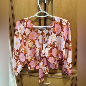 Lush Floral Tie-Front Blouse - Pink and Brown